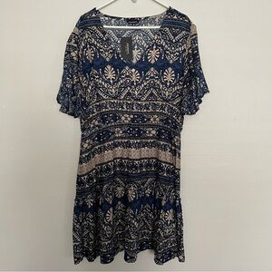 Cassee's Boho Dress Women’s 3X Blue Floral Cottage Core Short Sleeve Dress NEW